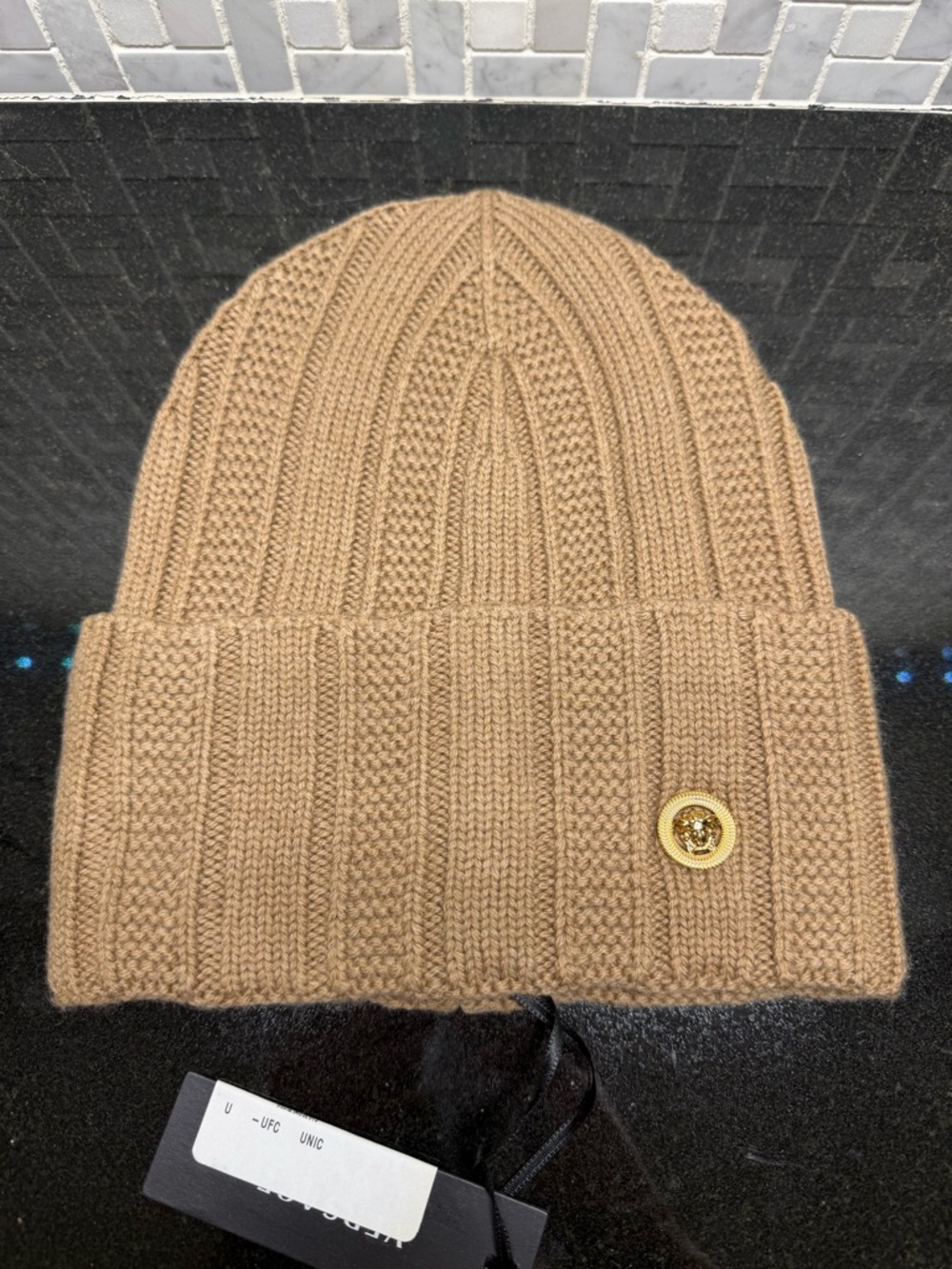 Versace Medusa Knit Beanie Hat Brown Ribbed Logo Italy Unisex One Size Authentic